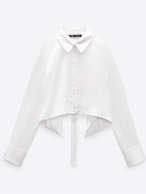 Zara Cropped White Button Up Shirt Cape Open Back With Tie Back Blouse Small